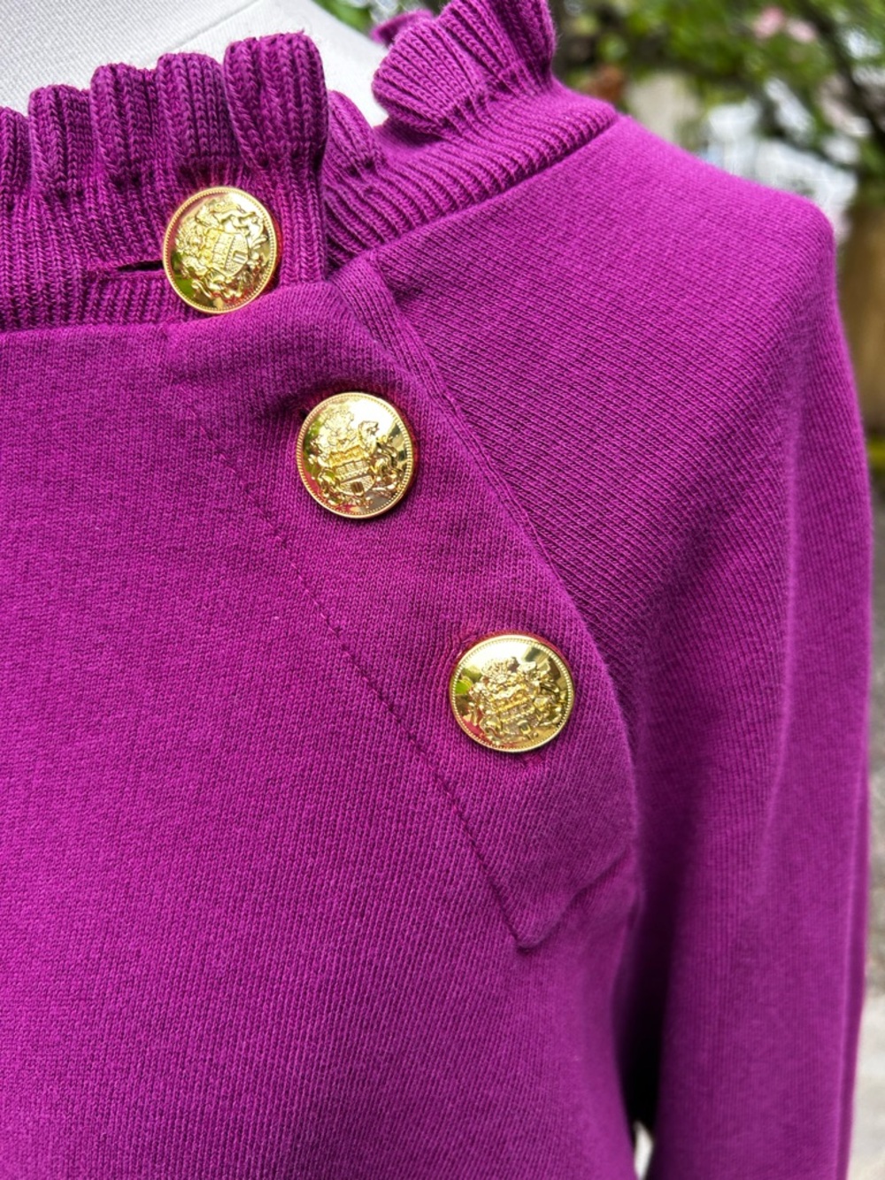 TALBOTS Purple Ruffle Neck Pullover with Gold Buttons - Picture 3 of 7